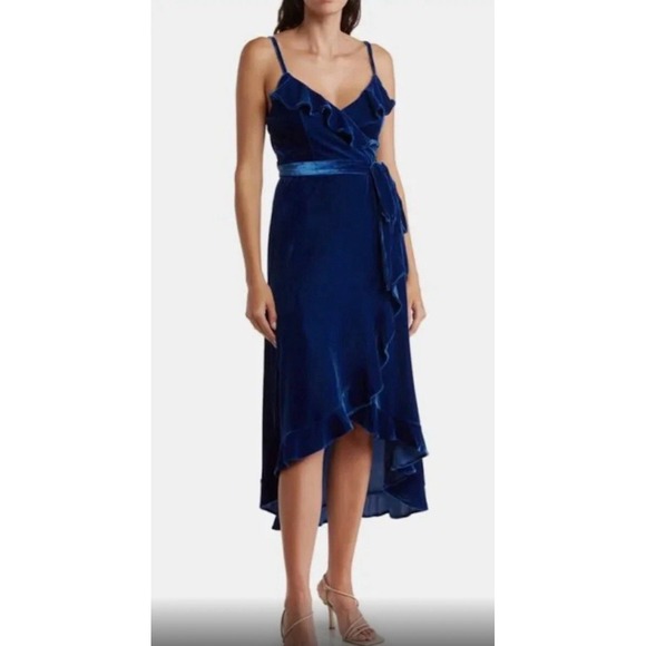 BCBGeneration Velvet Wrap Dress Blue Limoges Ruffle Midi High Low Size M NWT - Picture 1 of 5